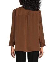 Investments Petite Size Woven Inverted Pleat V-Neck 3/4 Sleeve Embellished Top