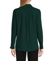 Investments Petite Size Woven Long Sleeve Button Front Point Collar Top