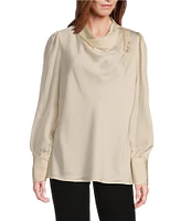 Investments Petite Size Woven Long Sleeve Cowl Neck Button Detail Top