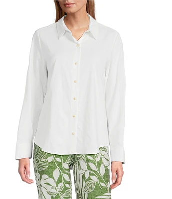 Investments Petite Size Woven Long Sleeve Point Collar Button Front Top