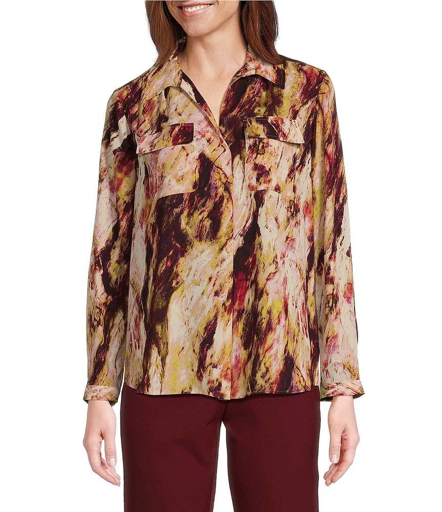 Investments Petite Size Marble Print Woven Long Sleeve V-Neck One Button Closure Blouse