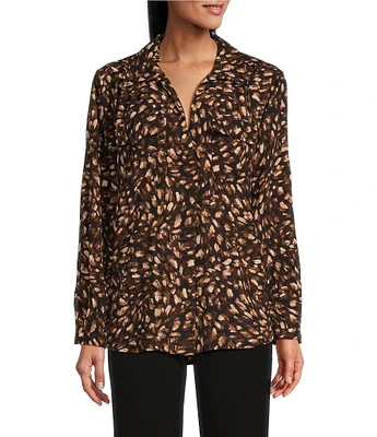 Investments Petite Size Abstract Print Woven Long Sleeve V-Neck One Button Closure Blouse