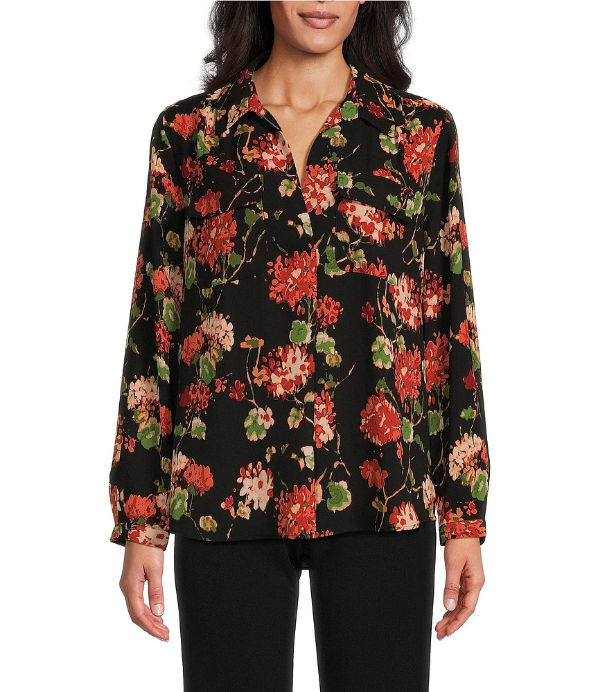 Investments Petite Size Floral Woven Long Sleeve V-Neck One Button Closure Blouse