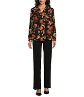 Investments Petite Size Floral Woven Long Sleeve V-Neck One Button Closure Blouse