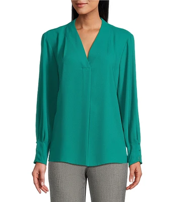 Investments Petite Size Woven Long Sleeve V-Neck Top