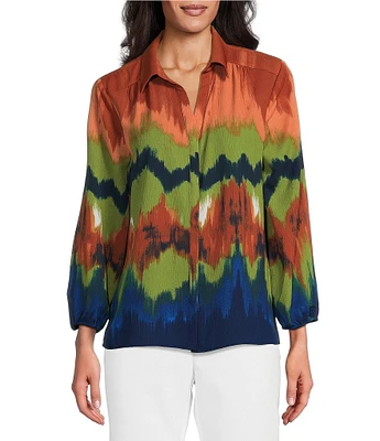 Investments Petite Size Woven Point Collar 3/4 Sleeve Button Front Abstract Print Top