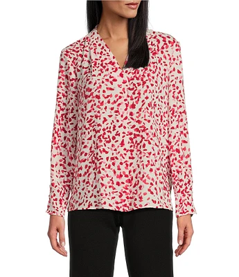 Investments Petite Size Woven Red Petals Long Sleeve V-Neck Top