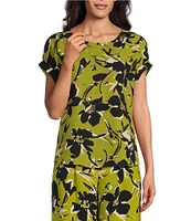Investments Petite Size Blocked Floral Print Woven Short Cuff Sleeve Novelty Top