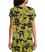 Investments Petite Size Blocked Floral Print Woven Short Cuff Sleeve Novelty Top