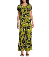 Investments Petite Size Blocked Floral Print Woven Short Cuff Sleeve Novelty Top