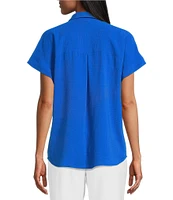Investments Petite Size Woven Short Sleeve Point Collar Partial Button Front Top