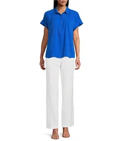 Investments Petite Size Woven Short Sleeve Point Collar Partial Button Front Top