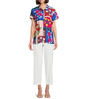 Investments Petite Size Woven Stamp Patch Short Sleeve Point Collar Partial Button Front Top