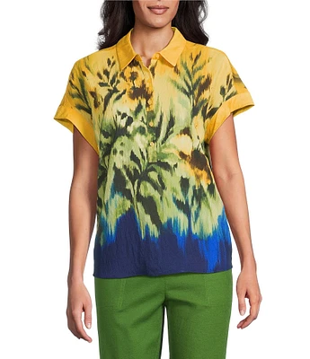 Investments Petite Size Woven Tropical Floral Short Sleeve Point Collar Partial Button Front Top