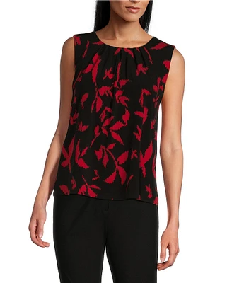 Investments Platinum Suiting Leaf Print Knit Sleeveless Crew Neck Top