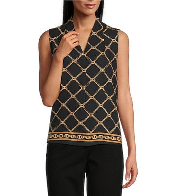 Investments Platinum Suiting Petite Size Chain Border Printed Woven Sleeveless V-Neck Button Front Top