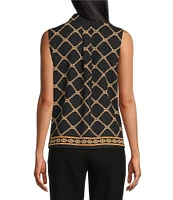 Investments Platinum Suiting Petite Size Chain Border Printed Woven Sleeveless V-Neck Button Front Top