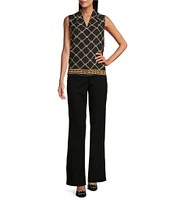 Investments Platinum Suiting Petite Size Chain Border Printed Woven Sleeveless V-Neck Button Front Top