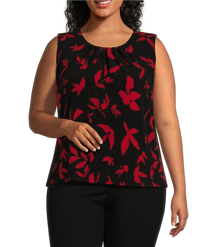 Investments Platinum Suiting Plus Size Leaf Print Knit Sleeveless Crew Neck Top