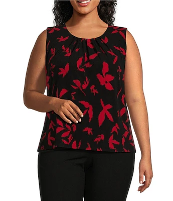Investments Platinum Suiting Plus Size Leaf Print Knit Sleeveless Crew Neck Top