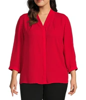 Investments Plus Size Caroline Signature V-Neck 3/4 Sleeve Button Front Top