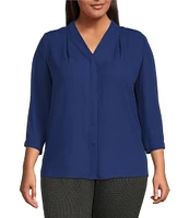 Investments Plus Size Caroline Signature V-Neck 3/4 Sleeve Button Front Top