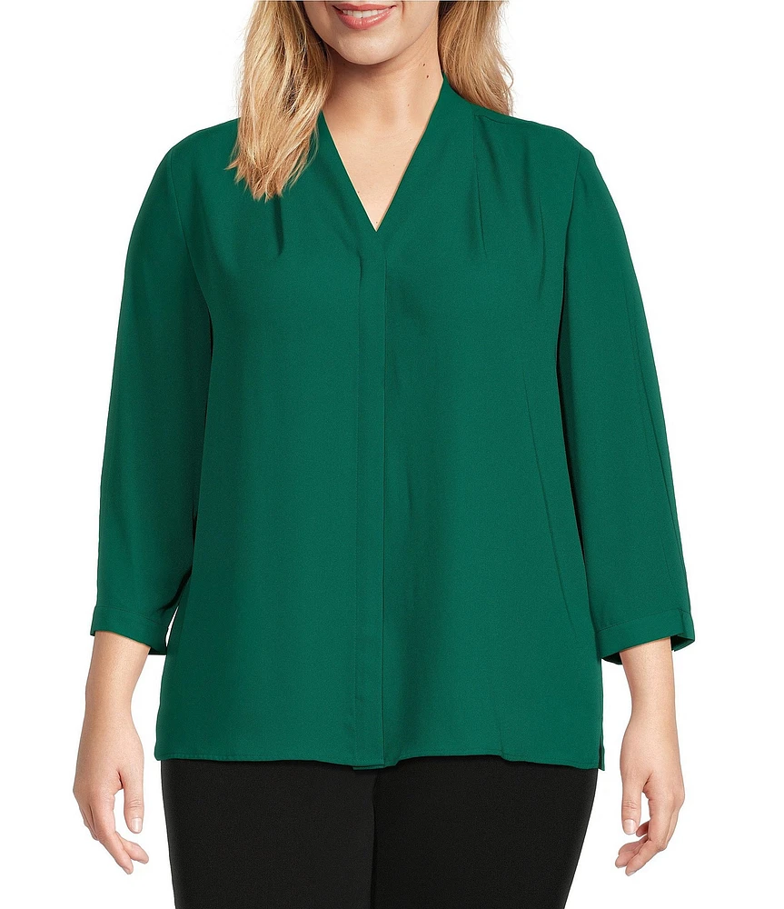 Investments Plus Size Caroline Signature V-Neck 3/4 Sleeve Button Front Top