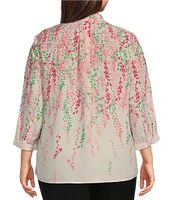 Investments Plus Size Caroline Signature Cascading Vines V-Neck 3/4 Sleeve Button Front Top