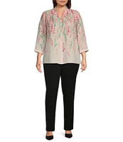 Investments Plus Size Caroline Signature Cascading Vines V-Neck 3/4 Sleeve Button Front Top