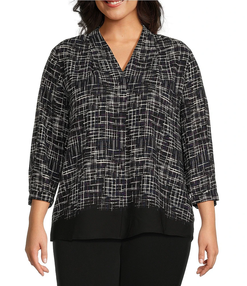 Investments Plus Size Caroline Signature Crosshatch V-Neck 3/4 Sleeve Button Front Top