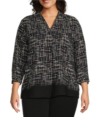 Investments Plus Size Caroline Signature Crosshatch V-Neck 3/4 Sleeve Button Front Top