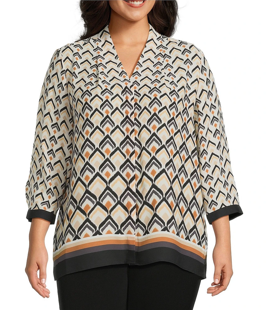 Investments Plus Size Caroline Signature Diamond Border V-Neck 3/4 Sleeve Button Front Top