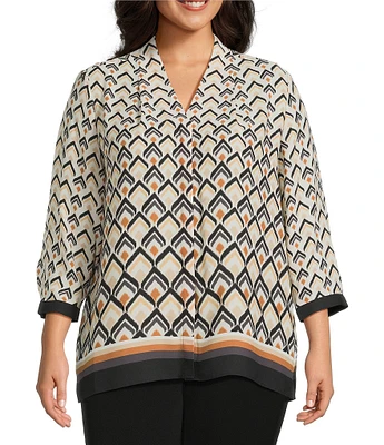 Investments Plus Size Caroline Signature Diamond Border V-Neck 3/4 Sleeve Button Front Top