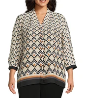 Investments Plus Size Caroline Signature Diamond Border V-Neck 3/4 Sleeve Button Front Top