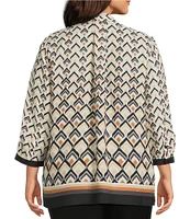 Investments Plus Size Caroline Signature Diamond Border V-Neck 3/4 Sleeve Button Front Top