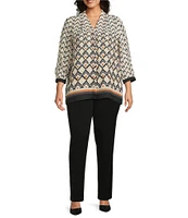Investments Plus Size Caroline Signature Diamond Border V-Neck 3/4 Sleeve Button Front Top