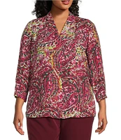 Investments Plus Size Caroline Signature Elegant Paisley V-Neck 3/4 Sleeve Button Front Top