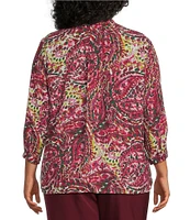 Investments Plus Size Caroline Signature Elegant Paisley V-Neck 3/4 Sleeve Button Front Top