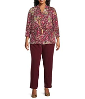 Investments Plus Size Caroline Signature Elegant Paisley V-Neck 3/4 Sleeve Button Front Top