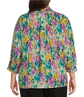 Investments Plus Size Caroline Signature Ikat Garden V-Neck 3/4 Sleeve Button Front Top