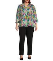 Investments Plus Size Caroline Signature Ikat Garden V-Neck 3/4 Sleeve Button Front Top