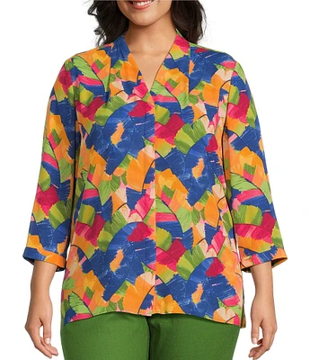 Investments Plus Size Caroline Signature Leafy Sketch V-Neck 3/4 Sleeve Button Front Top