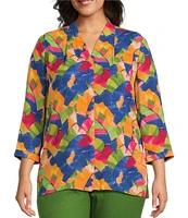 Investments Plus Size Caroline Signature Leafy Sketch V-Neck 3/4 Sleeve Button Front Top