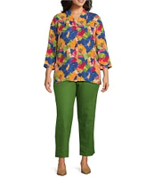 Investments Plus Size Caroline Signature Leafy Sketch V-Neck 3/4 Sleeve Button Front Top