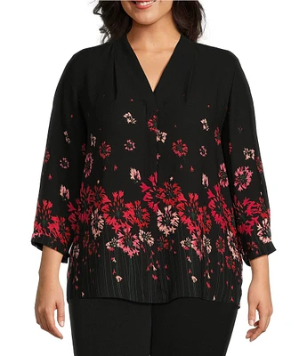 Investments Plus Size Caroline Signature Placed Floral V-Neck 3/4 Sleeve Button Front Top