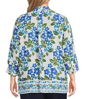 Investments Plus Size Caroline Signature Stamped Hibiscus V-Neck 3/4 Sleeve Button Front Top