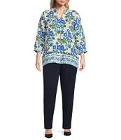 Investments Plus Size Caroline Signature Stamped Hibiscus V-Neck 3/4 Sleeve Button Front Top