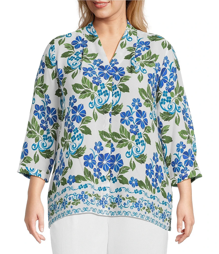 Investments Plus Size Caroline Signature Stamped Hibiscus V-Neck 3/4 Sleeve Button Front Top