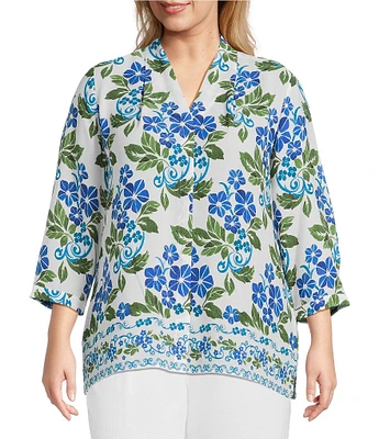 Investments Plus Size Caroline Signature Stamped Hibiscus V-Neck 3/4 Sleeve Button Front Top