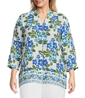 Investments Plus Size Caroline Signature Stamped Hibiscus V-Neck 3/4 Sleeve Button Front Top